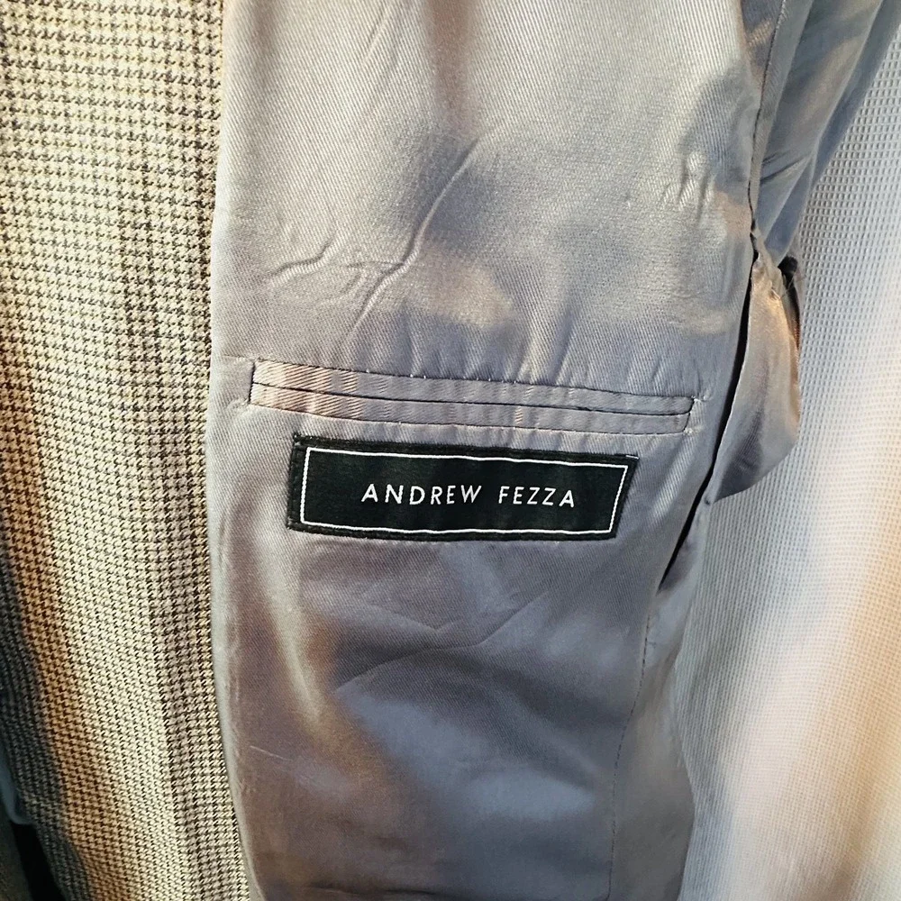 A Fezza Beige Houndstooth Tan Silk Wool 2-Button Blazer 44L Sport Coat Jacket‎